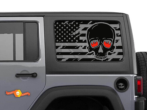 Adesivi in vinile per finestrino laterale con teschio della bandiera USA dagli occhi fiammeggianti per Jeep Wrangler Hardtop