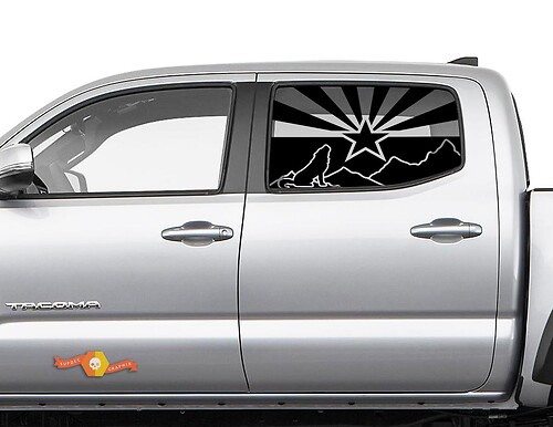 Adesivo in Vinile con Lupo, Montagne e Bandiera dell'Arizona per Finestrino Laterale Toyota Tacoma