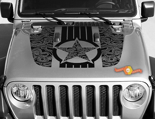Jeep Gladiator JT Wrangler Military Star Mappa topografica JL JLU Hood style Adesivo decalcomania in vinile Kit grafico per 2018-2021

