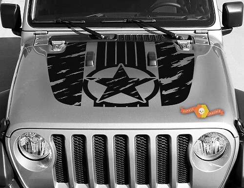 Jeep Gladiator JT Wrangler Military Star Destroyed Camouflage JL JLU Hood style Adesivo decalcomania in vinile Kit grafico per 2018-2021
