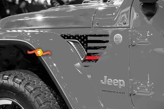 Jeep Wrangler JL JLU Gladiator Thin Red Line Distressed American Flag Fender Vent Vinyl Decal per 2018-2021

