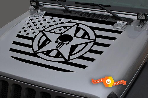 Adesivo in Vinile Cofano con Teschio, Stella Militare e Bandiera USA per Jeep Wrangler JL JLU & Gladiator JT