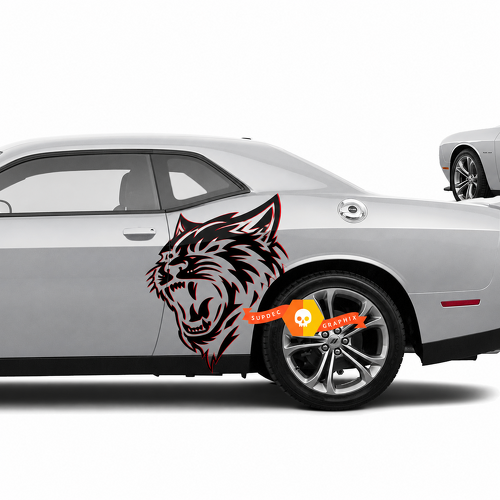 Adesivo in Vinile Coppia per Parafango Posteriore Laterale con Testa di Gatto Personalizzata con Bordo Rosso per Dodge Challenger