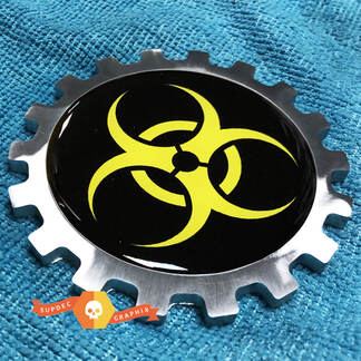 Logo Biohazard a cupola gialla Stemma in metallo alluminio Emblema da comodino Alluminio
